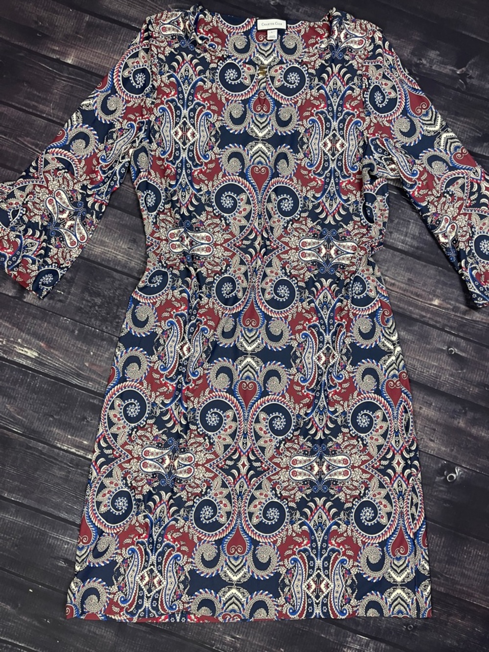 Charter Club Paisley Print 3/4 Bell Sleeve Dress with Gold Hardware Size L